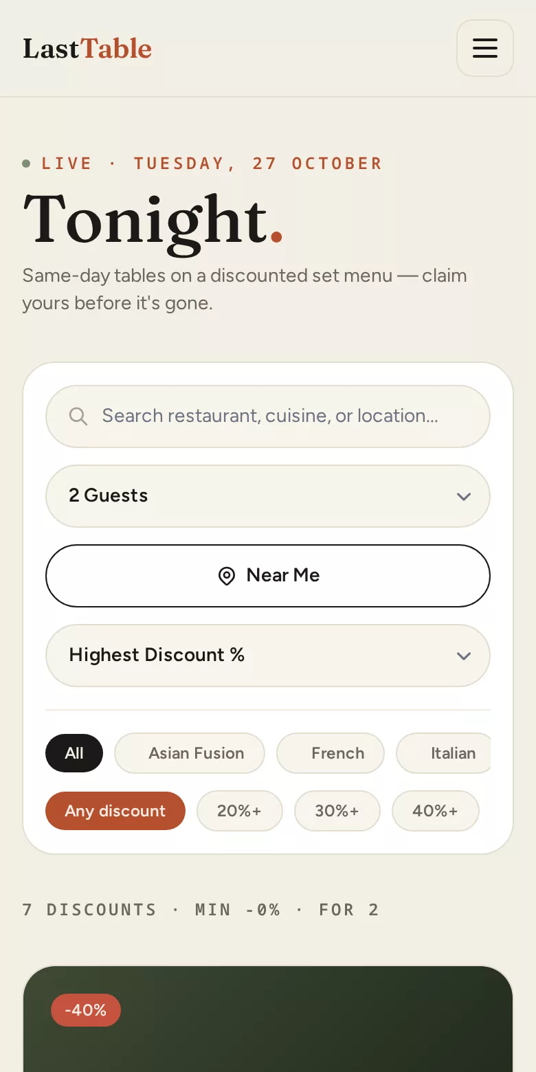 Last Table app showing tonight's discounted tables